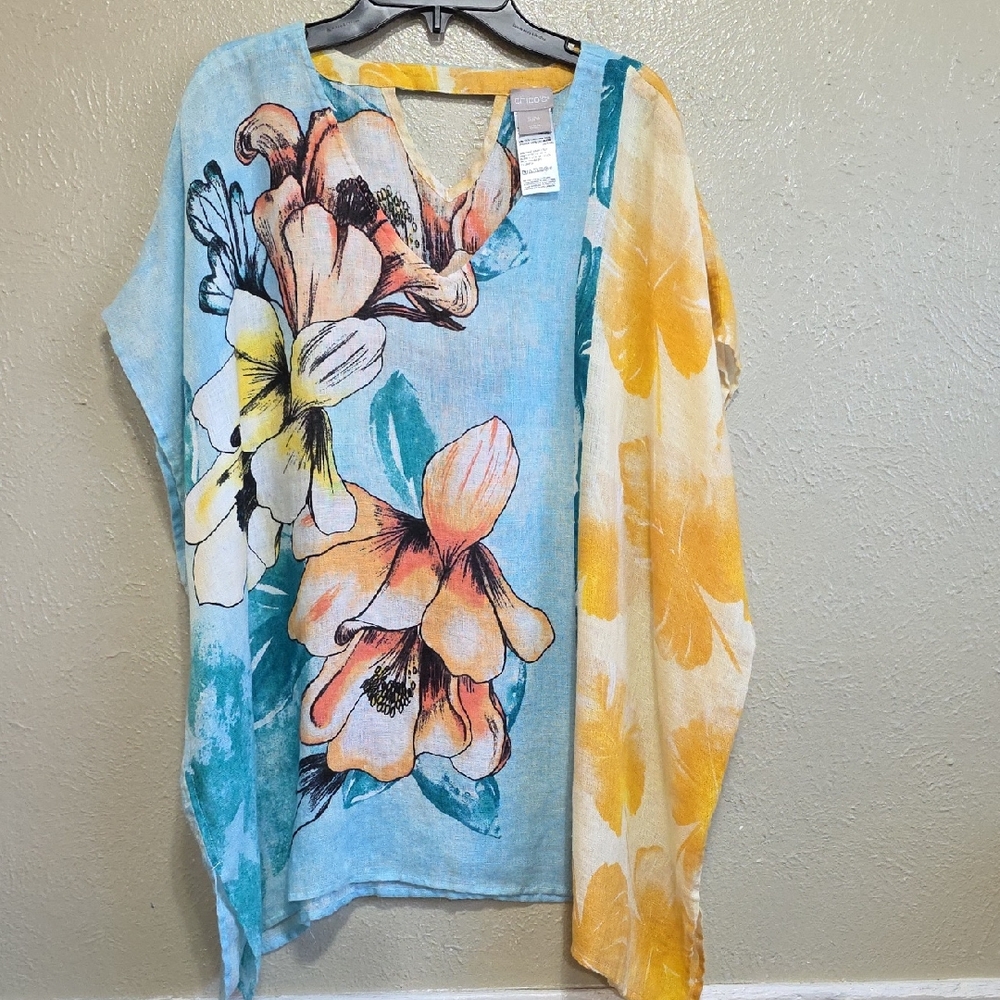 Chico's Multicolor Floral Blouse Top Women's Size S/M Oversize Loose‎ 100% Linen